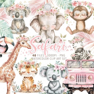 Animali rosa del safari, Clipart dell'asilo nido del safari dell'acquerello, Avventura del safari, PNG del safari, PNG degli animali della giungla, Tour del safari, Cuccioli di animali del safari
