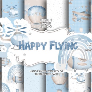 Nursery Baby Boy Happy Flying digital paper pack, Baby boy nursery, rainbow, baby pattern, pattern, nursery baby, airplane