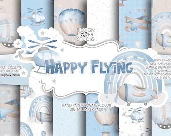 Nursery Baby Boy Happy Flying digital paper pack, Baby boy nursery, rainbow, baby pattern, pattern, nursery baby, airplane