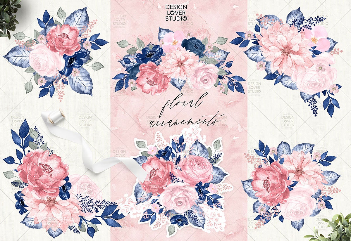 Watercolor BLUSH and NAVY ROMANCE Design Spring Watercolor - Etsy