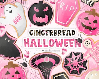 SIN IA, 100% dibujado a mano. Imágenes prediseñadas digitales de Halloween de pan de jengibre, calabaza, Halloween, araña, RIP, imágenes prediseñadas de Halloween, Halloween, uso comercial.