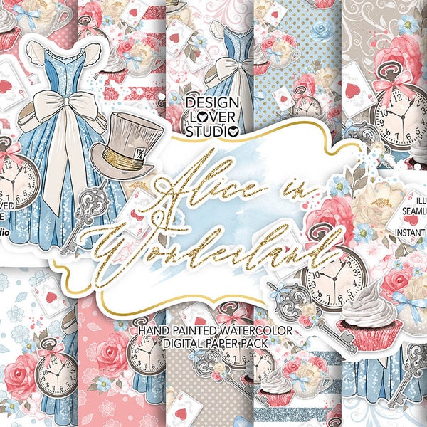 Alice in Wonderland digital paper, spring  flower, pattern, Alice dress, bouquet, bow, Alice Adventures