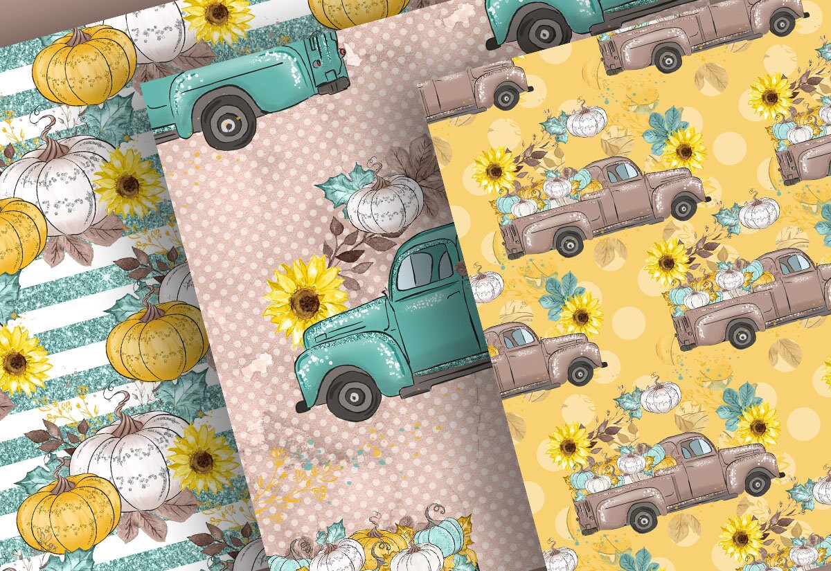 Pumpkin Truck Digital Paper Pack, Autumn Leaves, Fall, Fall Pattern ...