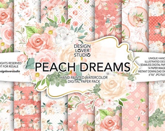 Watercolor PEACH DREAMS digital paper pack, bow, hydrangea, bird, bouquets, leaves digital paper, Floral pattern, seamless pattern, roses