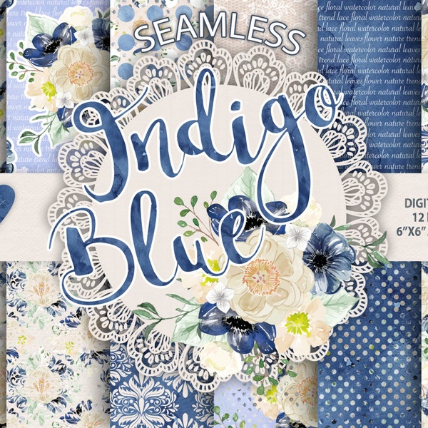 Watercolor Peony Indigo Blue flowers digital paper, Floral pattern, dots pattern, seamless pattern, Repeatable Digital Paper