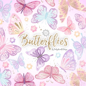 Clipes de borboletas rosa aquarela, berçário de menina, rosa, clipart de bebê, padrão, berçário de bebê, roxo, glitter dourado