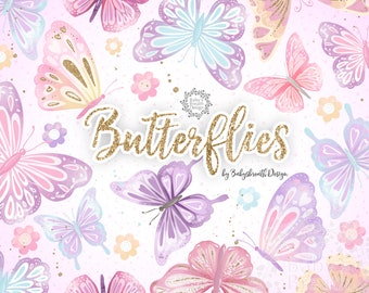 Aquarell rosa Schmetterlinge, Baby Mädchen Kinderzimmer, rosa, Baby Clipart, Muster, Kinderzimmer Baby, lila, gold Glitzer
