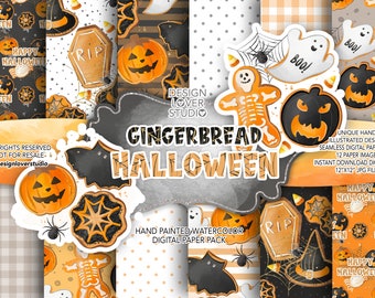 SIN IA, paquete de papel digital 100% dibujado a mano, patrón de galletas de azúcar de Halloween, lindo patrón sin costuras de Halloween, galletas de Halloween