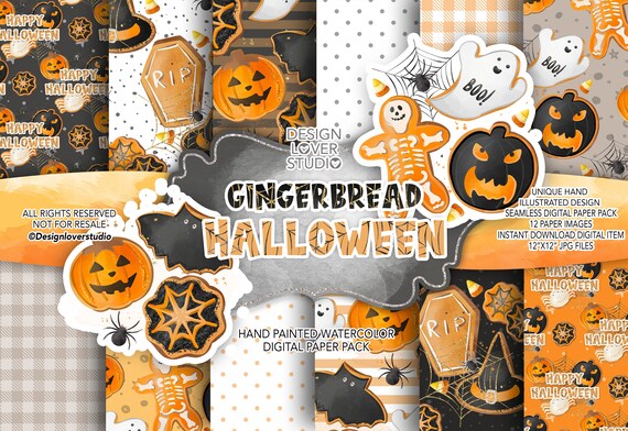 Gingerbread Halloween digital paper pack, pumpkin, halloween, spider, RIP, pattern, halloween pattern, sweet halloween