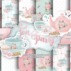 Confezione di carta digitale acquerello Tea Party, fiore dell'acquerello del tè, floreale rosa, foglia, modello di tè inglese, biscotto, fard rosa, rose inglesi