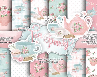 Watercolor Tea Party digital paper pack, tea watercolor flower, Pink Floral, Leaf, English tea pattern, cookie, Rose blush, english roses