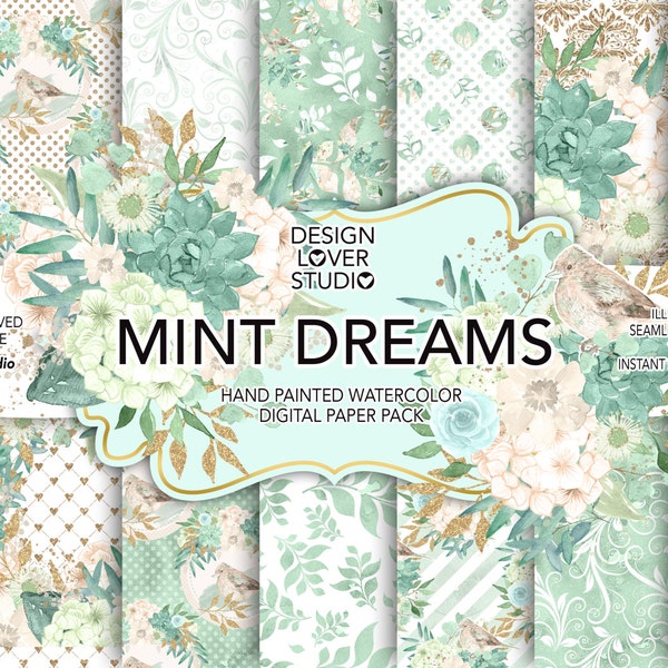 Watercolor MINT DREAMS digital paper pack, bow, hydrangea, bird, bouquets, leaves digital paper, Floral pattern, seamless pattern, roses