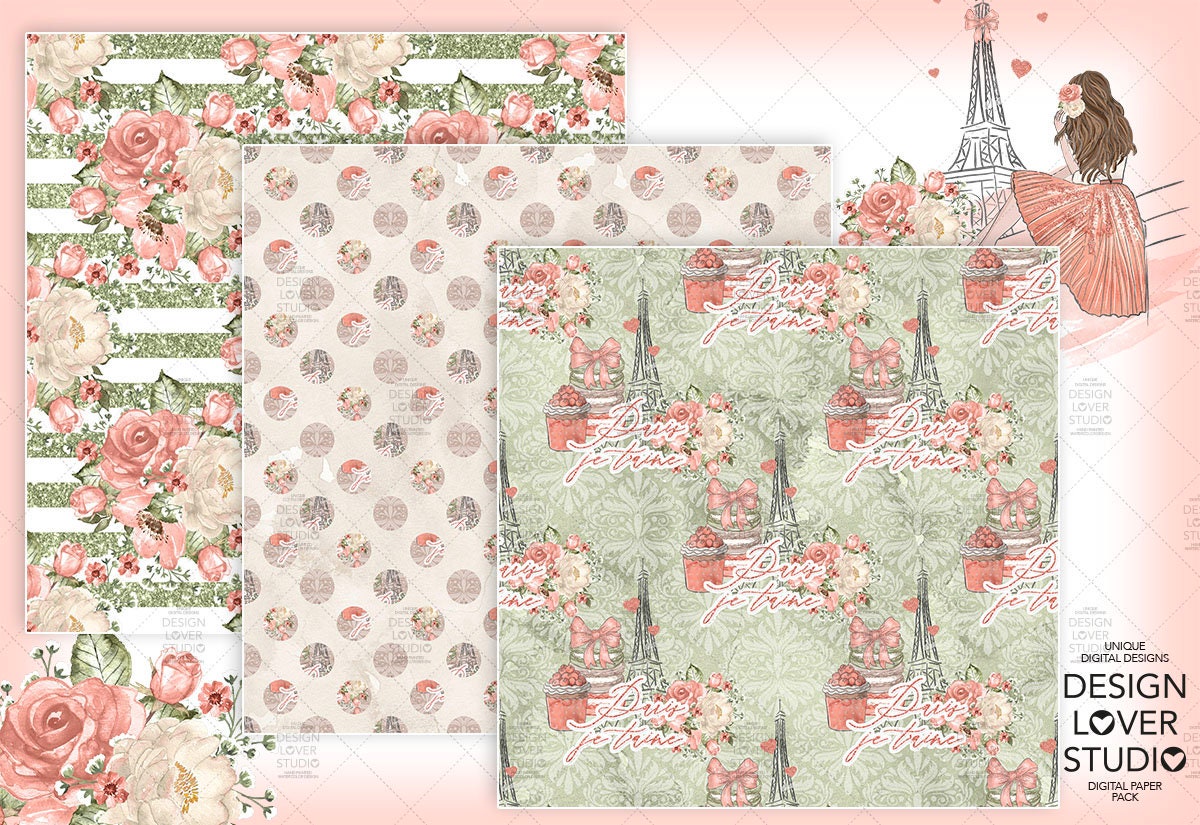 Paris je t'aime digital paper pack spring watercolor | Etsy