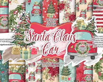 Santa Claus Car design digital paper pack, christmas flower, christmas tree, floral, christmas digital, gold glitter, branch, holiday