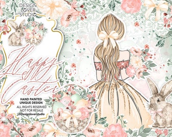 Easter Girl design, spring watercolor flower, Blush Floral Clipart, Easter Clip Art, wedding, frames, easter egg