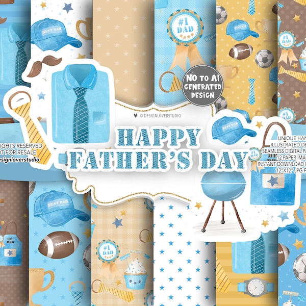 Watercolor Father's day digital paper pack, father's day pattern, beer, BBQ, dad paper, daddy, bast dad, father's day, tie, mustache