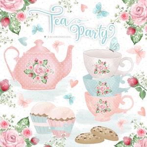 Disegno dell'acquerello Tea Party, fiore dell'acquerello del tè, fard rosa floreale, foglia, ClipArt di tè inglese, biscotto, fard rosa, rose inglesi