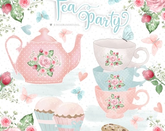 Watercolor Tea Party design, tea watercolor flower, Pink blush Floral, Leaf, English tea Clip Art, cookie, Rose blush, english roses