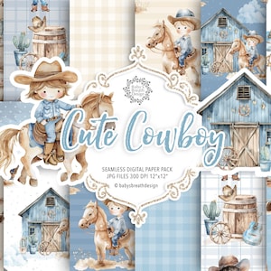 Pacchetto di carta digitale con motivo Cowboy ad acquerello, pacchetto PNG Baby Cowboy, carta Wild West, motivo Baby Western, deserto, saloon, cactus