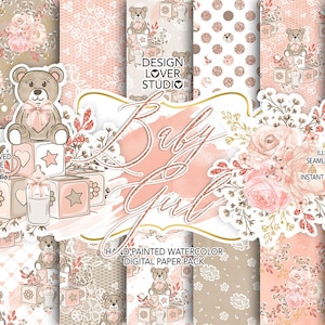 Baby Girl digital paper pack, Baby background, Cute Baby Bear pattern, Sleeping Baby paper, Children digital paper pack