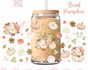 SIN IA, Envoltorio para lata de calabaza floral, Estética otoñal coqueta, Envoltorio para taza de otoño, Otoño coqueta, Vaso de lata de otoño, PNG femenino de otoño