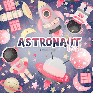 Aquarela Astronaut Space Clipart, clipart de menina, berçário, pequeno uso comercial, planetas, lua, estrelas