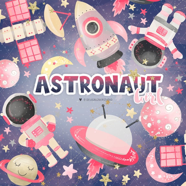 Watercolor Astronaut Space Clipart, girl clipart, nursery, Small Commercial Use, Planets, Moon, stars