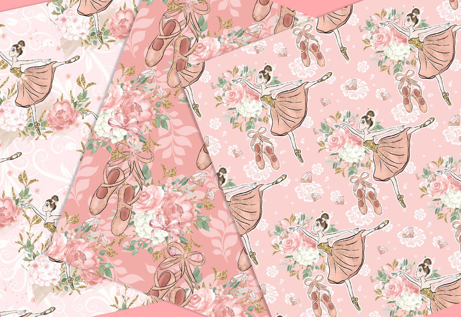 ballerina digital paper pack, spring, summer, watercolor flower, floral pattern, rose clip art, ballet, ballet shoes, peony