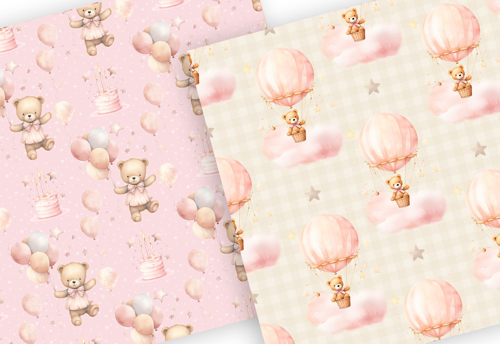 Pink Blush Teddy Bear Digital Paper Pack, Sleepy Teddy Bears, Baby Bear ...