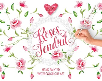 Aquarelle Rose Tendril Garden clipart, aquarelle fleur, roses rouges Floral Clipart, Leaf clipart, Wedding Clip Art, invitation de mariage