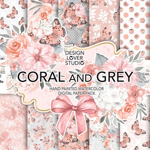 Watercolor CORAL and GREY digital paper pack, bow, hydrangea, bird, bouquets, leaves digital paper, Floral pattern, seamless pattern, roses