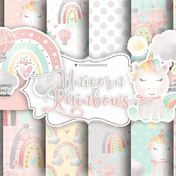 Nursery Baby Unicorn Rainbows digital paper pack, Baby girl nursery, rainbow, baby pattern, flower, pattern, nursery baby, rainbow