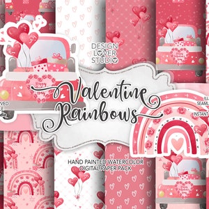 Paquete de papel digital Valentine Rainbows, patrón, papel de acuarela romántica, arco iris, regalo, rosas, arco, carta, globo de corazones