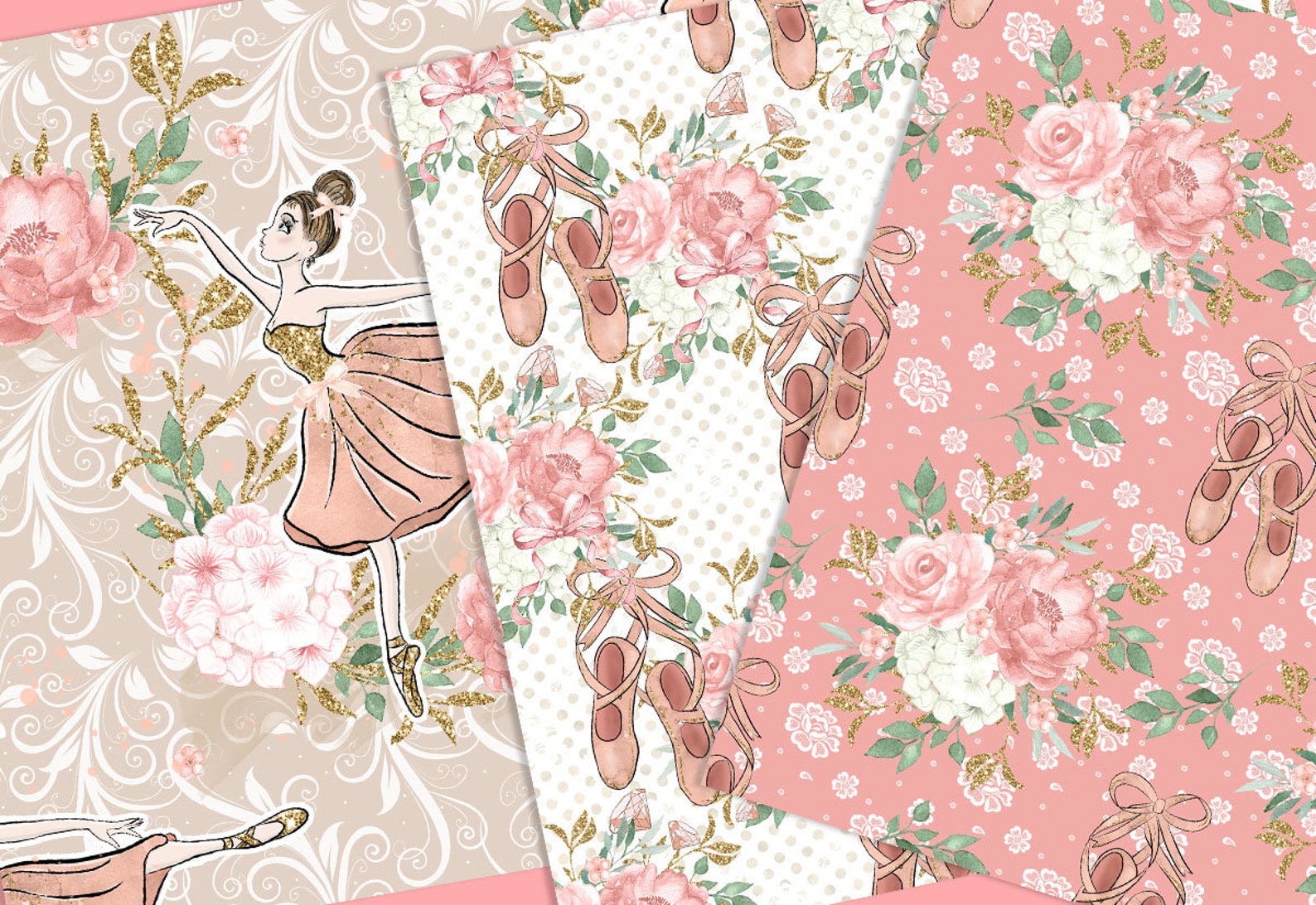 ballerina digital paper pack, spring, summer, watercolor flower, floral pattern, rose clip art, ballet, ballet shoes, peony