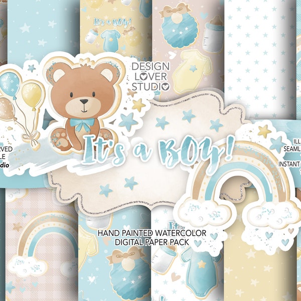 Nursery Baby Boy Rainbows Bear digital paper pack, Baby boy nursery, rainbow, baby pattern, clip art, nursery baby, rainbow