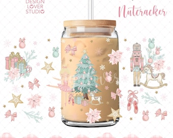Envoltorio de vidrio navideño pastel Cascanueces, Envoltorio de taza navideña pastel, Envoltorio de lata de vidrio Cascanueces, Cascanueces estético, Estética navideña moderna