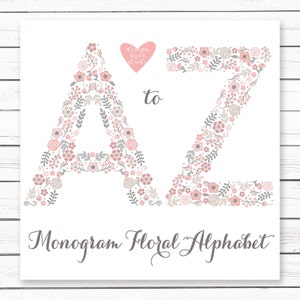 Premium Alphabet flower, monogram clipart, baby decor, baby girl, flower clipart, wood digital, rustic clipart, rose blush