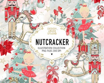 SIN IA, arte 100% dibujado a mano, imágenes prediseñadas navideñas en tonos pastel, imágenes prediseñadas de regalos navideños rojos, imágenes prediseñadas del Cascanueces clásico, imagen PNG del Cascanueces de Navidad
