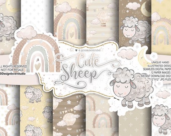 Nursery Sheep Rainbows digital paper pack, Baby nursery, rainbow, baby clipart, moon, baby boy, clip art, nursery baby, rainbow, baby girl