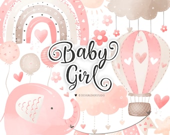 May include: Pink and brown watercolor illustration of a baby girl nursery theme with a rainbow, hot air balloon, elephant, and clouds. The text "Baby Girl" is written in a cursive font.