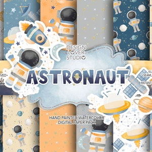 Acquerello Astronaut Space pacchetto di carta digitale, modello ragazzo, asilo nido, piccolo uso commerciale, pianeti, luna, stelle