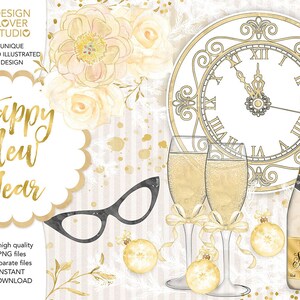Watercolor &quot;Happy New Year&quot; design,  Winter Leaves, Gold, watercolor clip art, hand painted, champagne, watercolor clip art