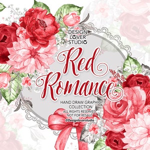 Peut inclure: Illustration aquarelle de fleurs rouges et roses avec des feuilles vertes. Le texte "Red Romance" est écrit dans une police décorative avec les mots "Hand Draw Graphic Collection" et "All Rights Reserved Not For Resale" en dessous. Le texte "Designloverstudio" est en bas.