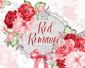 Watercolor RED ROMANCE design, spring watercolor flower, Red Floral Clipart, Wedding Clip Art, wedding, ruby rose