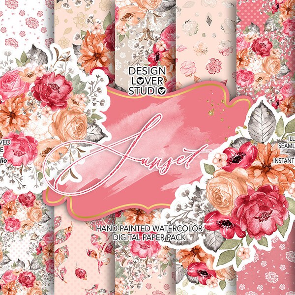 Watercolor Sunset digital paper pack, summer, autumn watercolor flower, Pink blush Floral background, Wedding pattern, wedding, Rose blush,