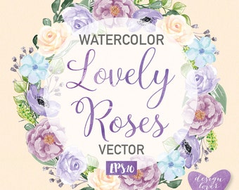 Watercolor Rose Anemone wreath clipart, Peach watercolor flower, Purple Floral Clipart, Leaf clipart,  Wedding Clip Art, wedding invitation