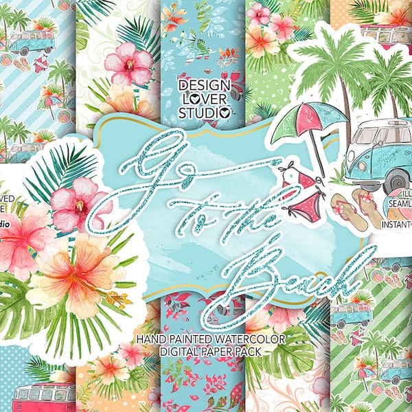 Go to the Beach digital paper pack, summer watercolor flower, Pink blush Floral pattern, Boho background, beach, Palm,