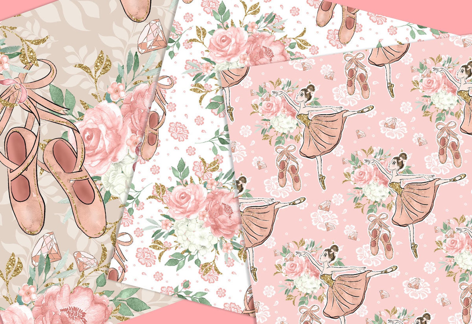 ballerina digital paper pack, spring, summer, watercolor flower, floral pattern, rose clip art, ballet, ballet shoes, peony