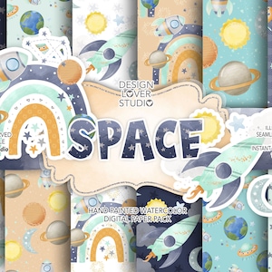 Confezione di carta digitale Watercolor Space, modello ragazzo, vivaio, piccolo uso commerciale