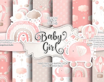 May include: A digital paper pack with 12 seamless patterns featuring watercolor illustrations of rainbows, clouds, hot air balloons, and elephants in pink, brown, and white. The text "Baby Girl" is in a decorative font.